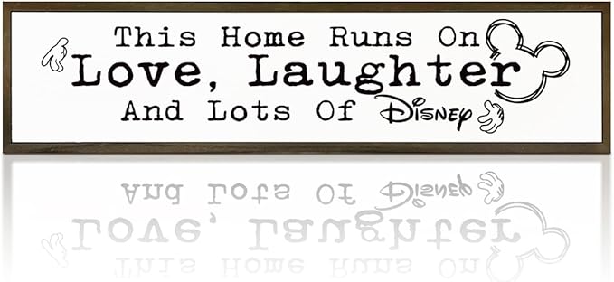 WKYAER Home Sign Decor, Rustic Table Decor, Farmhouse Wall Decoration for Homes Front Door Porch Entryway, Housewarming Gift for Disney Lover, This Home Runs On Love, Laughter and Lots of Disney Sign