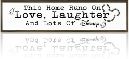 WKYAER Home Sign Decor, Rustic Table Decor, Farmhouse Wall Decoration for Homes Front Door Porch Entryway, Housewarming Gift for Disney Lover, This Home Runs On Love, Laughter and Lots of Disney Sign