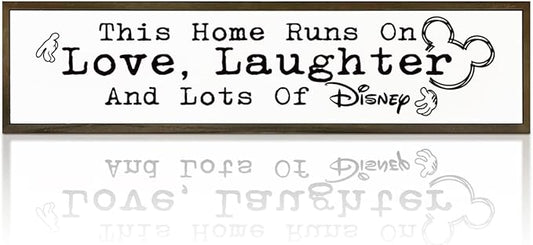 WKYAER Home Sign Decor, Rustic Table Decor, Farmhouse Wall Decoration for Homes Front Door Porch Entryway, Housewarming Gift for Disney Lover, This Home Runs On Love, Laughter and Lots of Disney Sign