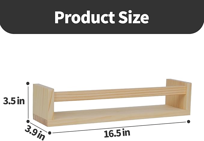 Kids Floating Shelves (Set of 4) - Wall-Mounted Book & Toy Storage, Display Ledges with Front Bar, Unfinished Natural Pine Wood for Nursery, Bedroom & Bathroom Decor (Natural Wood, 16.5")
