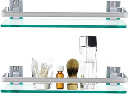 2-Pack Tempered Glass Bathroom Shelf with Rail, 15" x 4.5" Rectangular Shower Caddy, Wall Mounted Floating Shampoo Holder for Lavatory, Kitchen, Living Room