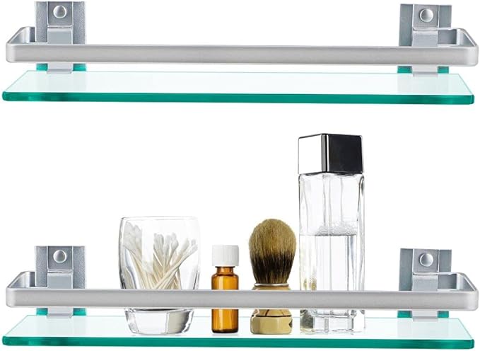 2-Pack Tempered Glass Bathroom Shelf with Rail, 15