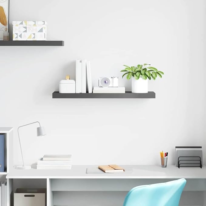 High Gloss Grey MDF Floating Wall Shelf 31.5 Inch Long with Metal Bracket, Modern Minimalist Design for Living Room Bedroom, Sturdy Storage for Books and Decor, Easy to Clean