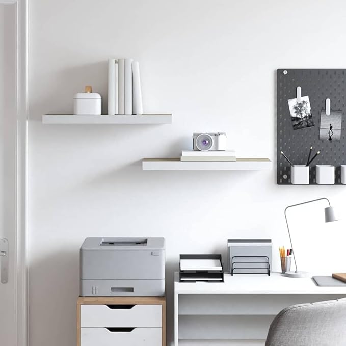Floating Wall Shelf Set of 2, Oak and White Honeycomb MDF, Modern Minimalist Design for Living Room or Office, 23.6x9.3x1.5 Inches, Space-Saving Display, Sturdy Mounted