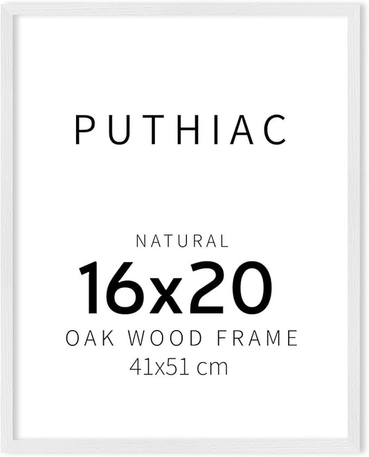 puthiac 16x20 Solid Oak Wood Picture Frame, Fits 12x16 with Mat or 16x20 Without Mat, Wall Display Only, Vertical or Horizontal, Plexi Front, 1 Pack, White