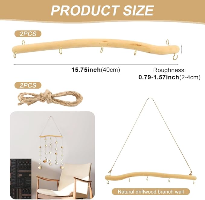 2Pcs 15 Inch Driftwood for Crafts Natural Driftwood Decorative Branches, Home Wall Hanging Decor Jewelry Organizers with 5 Hooks, Handcrafted from Natural Drift Wood for Keys Hats Entryway