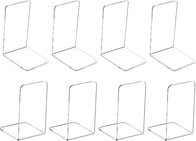 MerryNine 8 Pcs Plastic Acrylic Bookends, Clear Acrylic Non Skid Book Ends Organizer Bookshelf Decor Decorative Bedroom Library Office School Supplies Stationery Gift (7.08