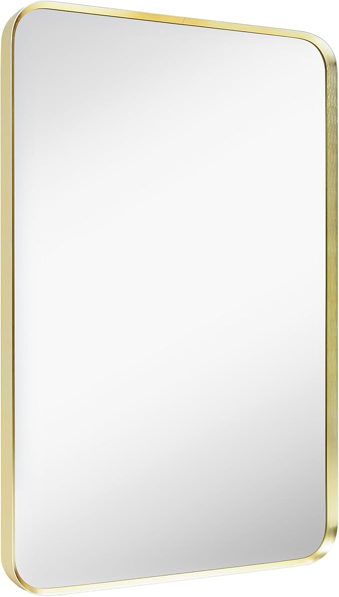 Wall Mount Mirror for Bathroom, Brushed Gold Metal Framed Rounded Corner Rectangular Vanity Mirror (24