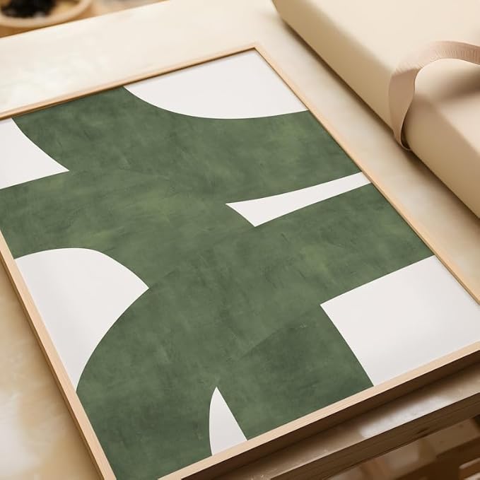Nationcog Mid-Century Green Organic Lines Art, Modern Minimalist Wall Decor, Bold Beige Tones Contemporary Home Accent, Trendy Greenery Design (Unframed) (11x14)