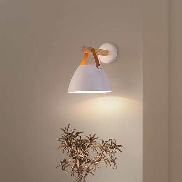 Modern White Wall Sconce Wood and Leather Accent Bedside Light Hardwired Minimalist Wall Lamp E26 Base Light Fixture for Bedroom Living Room Hallway Entryway Accent Lighting Scandinavian Style