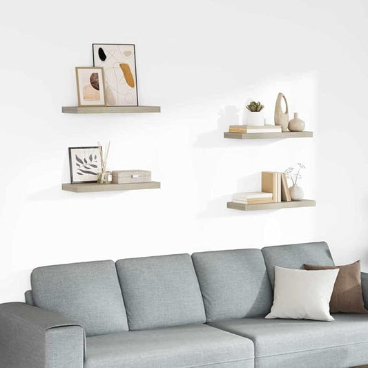 Set of 4 Oak Honeycomb MDF Floating Wall Shelves, Modern Medium Wall Mounting Storage Display with High Capacity and Elegant Finish
