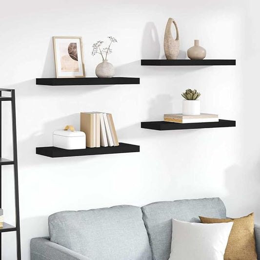 Black Honeycomb MDF Floating Wall Shelf Set of 4 with Metal Brackets, Modern Minimalist Storage for Books and Decor