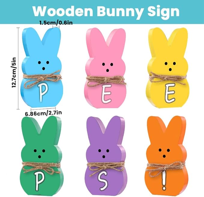 DIYDEC Easter Decorations for Home 6 Pcs Easter Bunny Table Decor Wooden Rabbit Table Signs with Jute Rope Freestanding Rabbit Decoration for Tiered Tray Mantel Shelf Office Easter Party Supplies