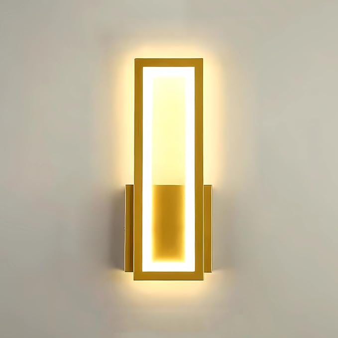 Indoor LED Wall Light Dimmable 16W Gold Modern Simple Rectangle Wall Lamp Aluminum & Acryli Decorative Wall Lighting for Bedroom Bedside Living Room Stairs Corridor