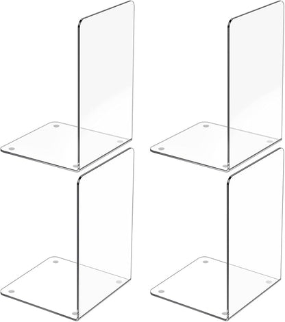 Acrylic Bookends 4 Pcs, Clear Book Ends for Shelves, Transparent Bookend Organizer, Book Holder Stand Decorative, Book Stoppers for Heavy Duty Books, CD, File, Video Games