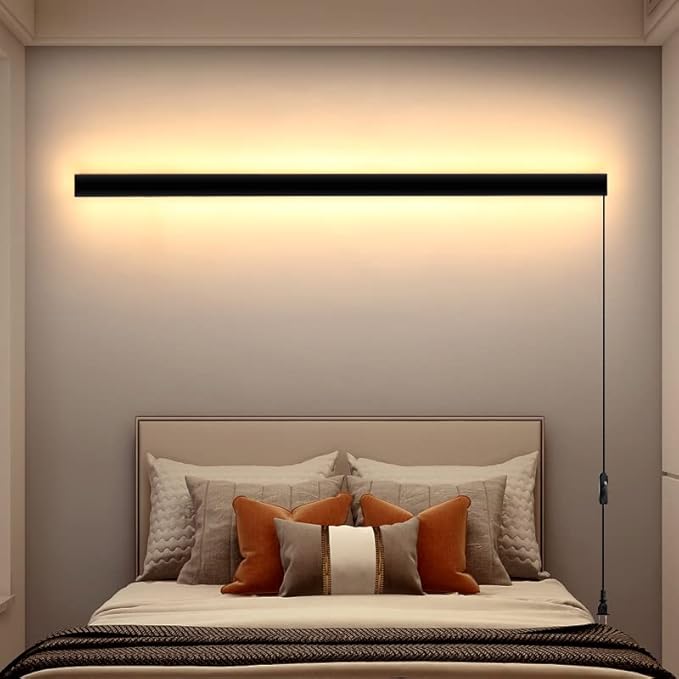 Modern Plug in Long Wall Sconce, 39" Black Matte LED Wall Lights, 20W Warm White 3000K Acrylic Indoor Wall lamp, with 59" Plug Cable for Bedroom, Living Room, Hallway