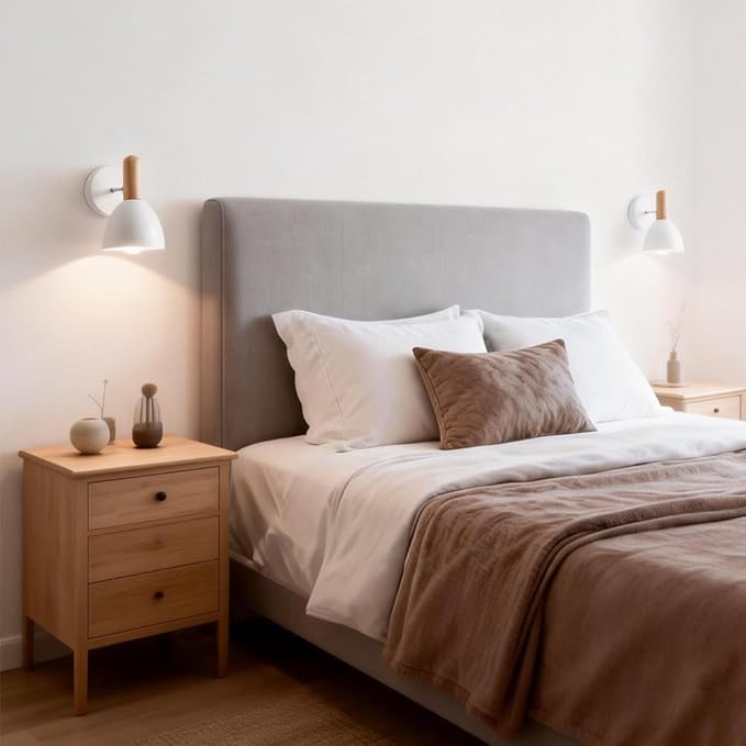 Modern Hardwired Wall Sconces, White Metal Wall Mount Lamp for Bedside Bedroom Living Room, Wooden Indoor Wall Light with E27 Buld