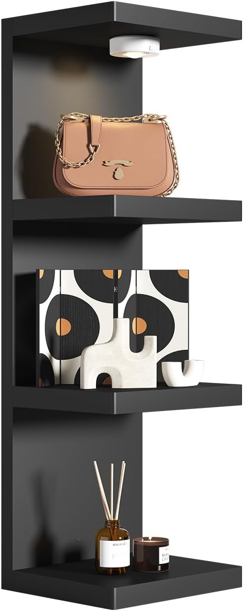 4-Tier Wall Shelf Unit with USB Rechargeable Led Light (Remote Controlled),Versatile Floating Display Shelves,Lack Style Wall Shelves for Bedroom,Living Room,Office Decor,Vanity-Black