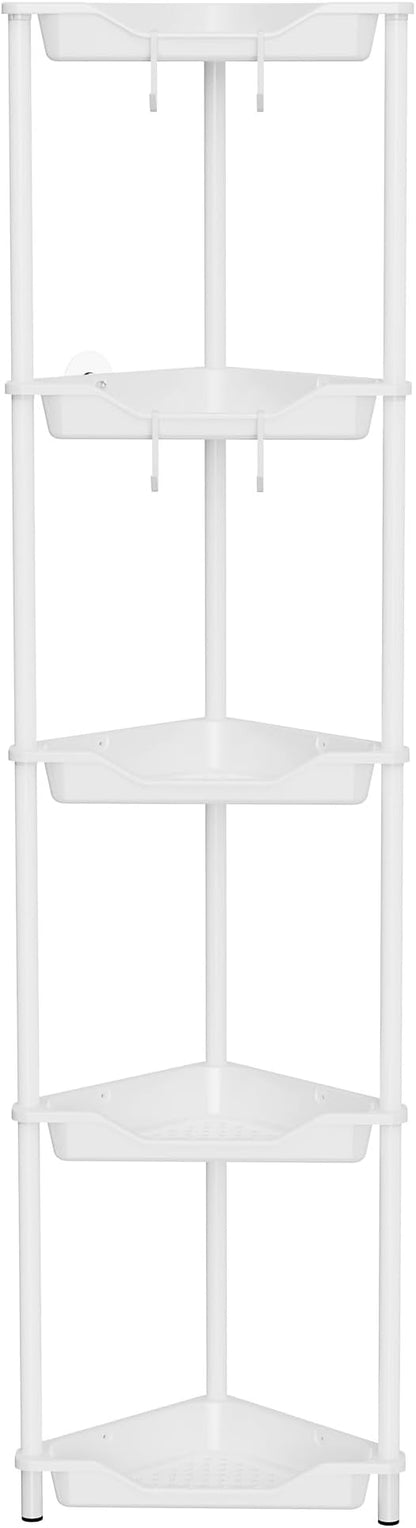 Orimade Rustproof 5 Tier Floor Standing Corner Shower Caddy Organizer, Plastic Metal Splicing Floor Corner Shelf Rack Stands for Bathroom, White