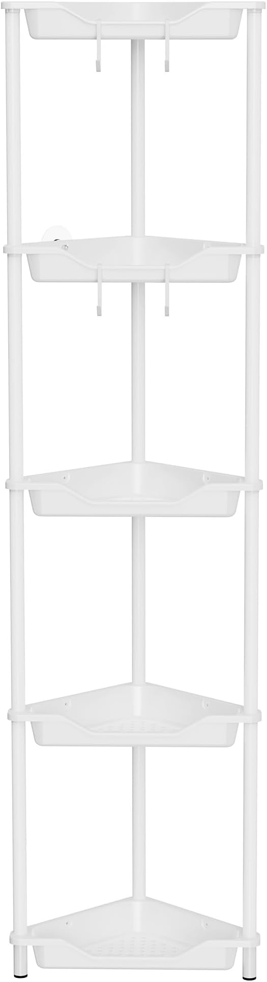 Orimade Rustproof 5 Tier Floor Standing Corner Shower Caddy Organizer, Plastic Metal Splicing Floor Corner Shelf Rack Stands for Bathroom, White