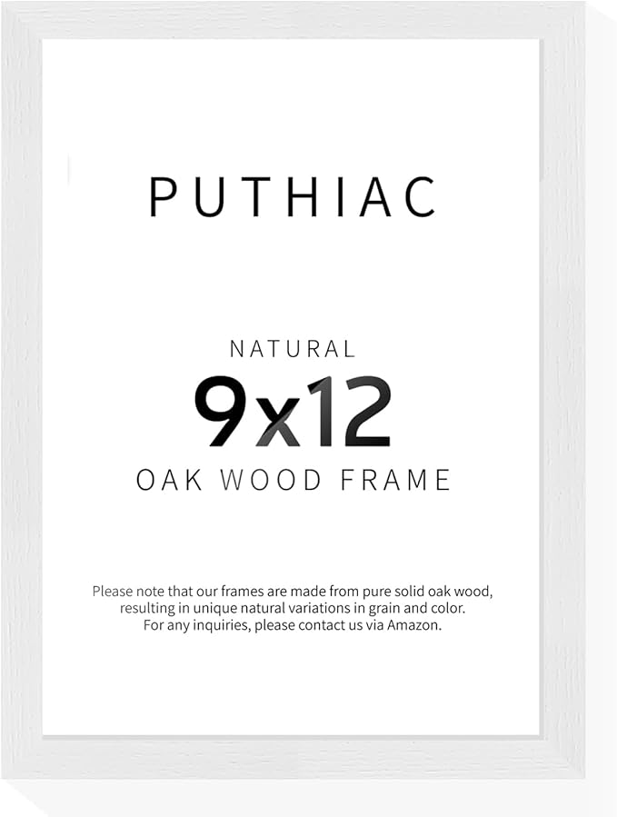 puthiac 9x12 Solid Oak Wood Picture Frame, Fits 6x8 with Mat or 9x12 Without Mat, Wall or Tabletop Display with Stand, Vertical or Horizontal, Plexi Front, 1 Pack, White