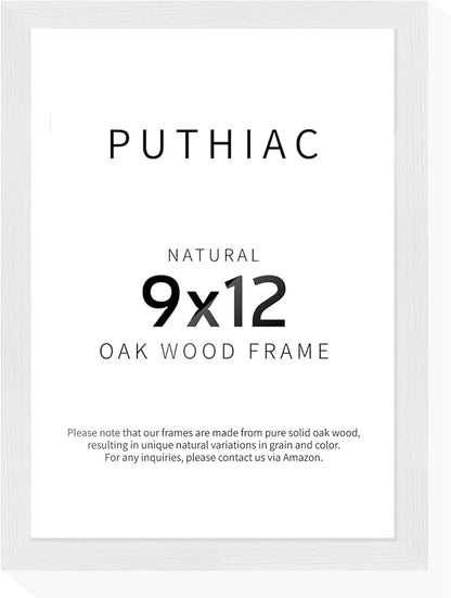 puthiac 9x12 Solid Oak Wood Picture Frame, Fits 6x8 with Mat or 9x12 Without Mat, Wall or Tabletop Display with Stand, Vertical or Horizontal, Plexi Front, 1 Pack, White