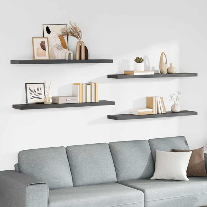 High Gloss Grey Floating Wall Shelf Set of 4, Honeycomb MDF and Metal Modern Shelves for Display and Storage, Invisible Mounting System, Sleek Minimalist Design for Living