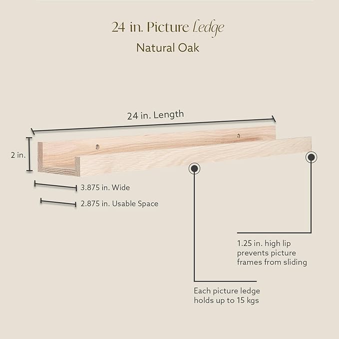(24 in | 61 cm) Natural Oak Wood Wall Mounted Floating Picture Ledge Shelf | Ideal for Bedroom, Kitchen, Bathroom, Office, Easy Installation, Mounting Hardware Included