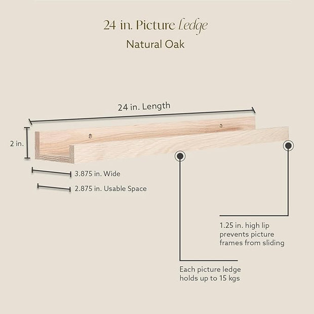 (24 in | 61 cm) Natural Oak Wood Wall Mounted Floating Picture Ledge Shelf | Ideal for Bedroom, Kitchen, Bathroom, Office, Easy Installation, Mounting Hardware Included