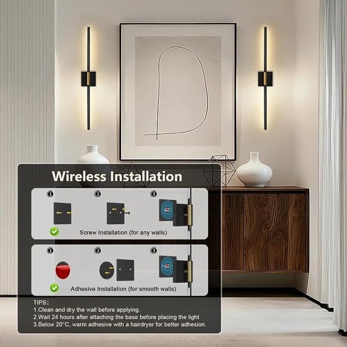 Battery Operated Wall Sconces Set of Two - Wireless Rechargeable Wall Light with Remote - Black Gold LED Wall Lamp Dimmable Modern Home Decor for Bedroom Living Room 31.5 Inch (2 Pack)