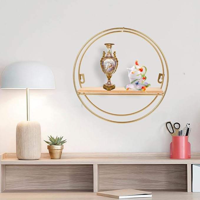 ABOOFAN Round Wall Floating Shelves, 10'' Small Gold Metal Wire Geometric Circle Organizer Wall Shelf, Space-Saving Decorative Display Floating Rack for Living Room, Office