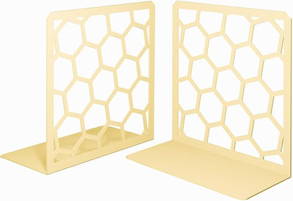 GEOMOD Geometric Honeycomb Yellow Metal Bookends Decorative - Tall Sturdy Book Ends for Shelves - Modern Heavy Duty Bookend Stopper - Office or Home Book Shelf - 6x3.25x6.25 Inches - 1 Pair
