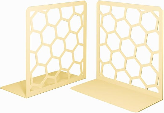 GEOMOD Geometric Honeycomb Yellow Metal Bookends Decorative - Tall Sturdy Book Ends for Shelves - Modern Heavy Duty Bookend Stopper - Office or Home Book Shelf - 6x3.25x6.25 Inches - 1 Pair