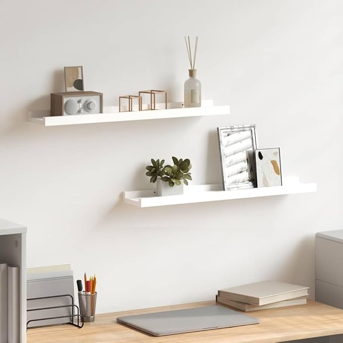 Modern White MDF Frame Ledge Shelf Set of 2, 23.6 x 3.5 x 1.2 Inches, Wall Mounted Display Shelves for Photo Frames and Decor, Two-Tier Design for Versatile Home Decor