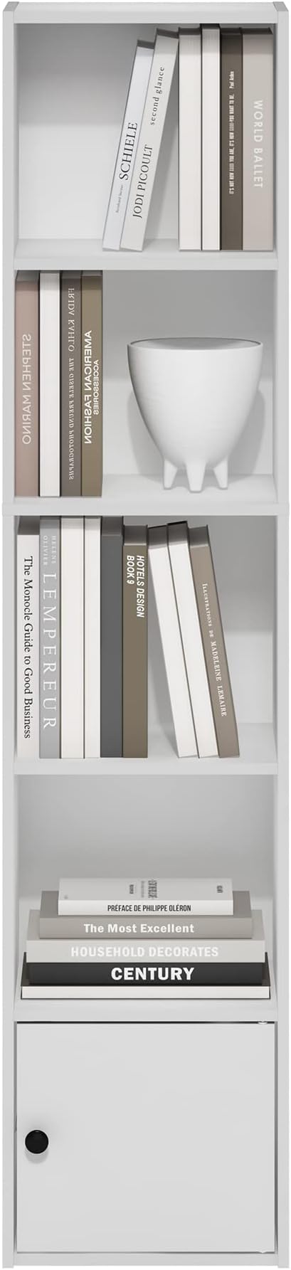Furinno LUDER Book Shelf, 5-Tier Modern Bookshelf, Bookcase with 1 Door Storage Cabinet, 9.3 x 12 x 52, for Living Room, Bedroom, Home Office, White
