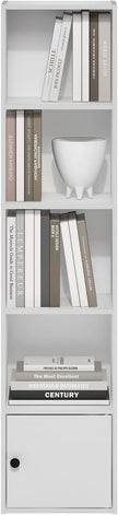 Furinno LUDER Book Shelf, 5-Tier Modern Bookshelf, Bookcase with 1 Door Storage Cabinet, 9.3 x 12 x 52, for Living Room, Bedroom, Home Office, White