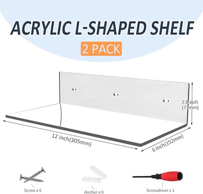 12 Inches Acrylic Wall Shelves 2 Pack, Floating Shelf for Wall Mounting, Acrylic Display Ledges for Funko Pop Figures, Home Décor, Living Room, Gaming Room, Plants(12 inch, Clear)