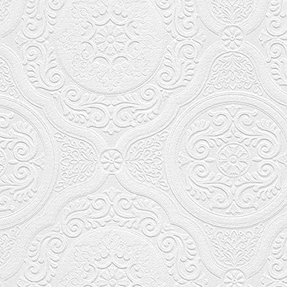 Manhattan Comfort Carter Series Vinyl Textured Paintable Floral Scroll Boarded Square Design Large Wallpaper Roll, 21" W x 33'L, White