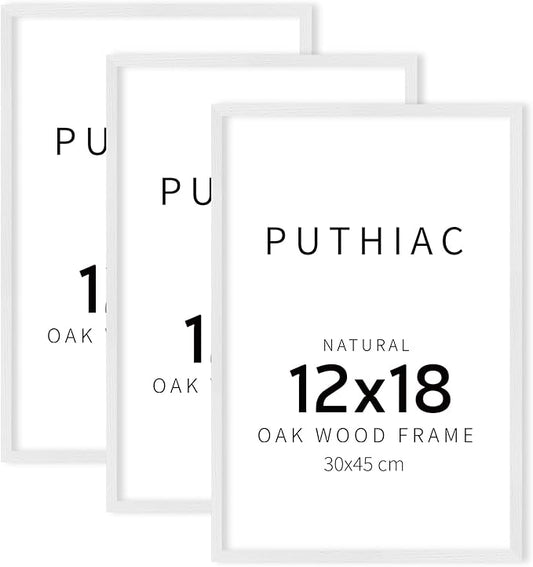 puthiac 12x18 Solid Oak Wood Picture Frame, Fits 8x12 with Mat or 12x18 Without Mat, Wall Display Only, Vertical or Horizontal, Plexi Front, 3 Pack, White