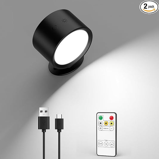 LED Wall Mounted Lights 2 Pcs with Remote, Rechargeable Wall Sconce with 3 Color Temps & Dimmable Magnetic 360° Rotation Cordless Light for Bedroom Reading Bedside (Black, 1 Pack)