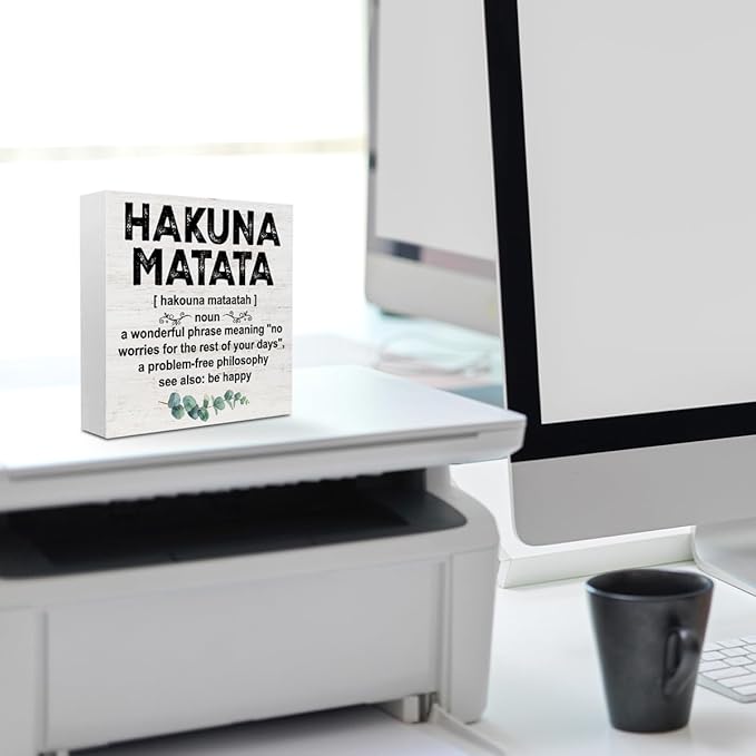Motivational Gifts for Women Men, Inspirational Hakuna Matata Definition Wood Box Sign Desk Decor, Eucalyptus leaves Wooden Box Decorative Signs for Home Office Living Room Table Shelf Cubicle