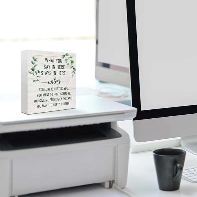 Mental Health Wood Box Sign, Inspirational Wooden Box Sign Therapy Office Decor, Inspirational Counselor Desk Decorative Signs, What You Say In Here Stays in Here Sign Gifts for Coworkers Therapist