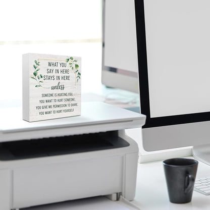 Mental Health Wood Box Sign, Inspirational Wooden Box Sign Therapy Office Decor, Inspirational Counselor Desk Decorative Signs, What You Say In Here Stays in Here Sign Gifts for Coworkers Therapist