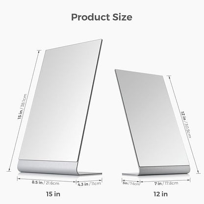 Frameless Makeup Mirror for Desk, 15 x 8.5 Inch Aluminum Standing Table Mirror, Large Counter Top Mirror