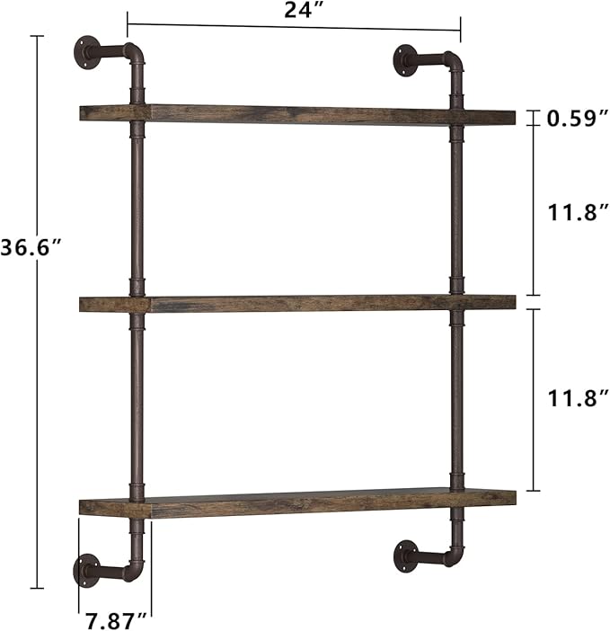 Industrial Pipe Shelf Wall Mounted, Rustic Wood Floating Shelves, 3 Tier Wall Display Bookshelf, Storage Rack Sundries Holder for Kitchen Office Bathroom Organization and Home Decor (24inch x 2)