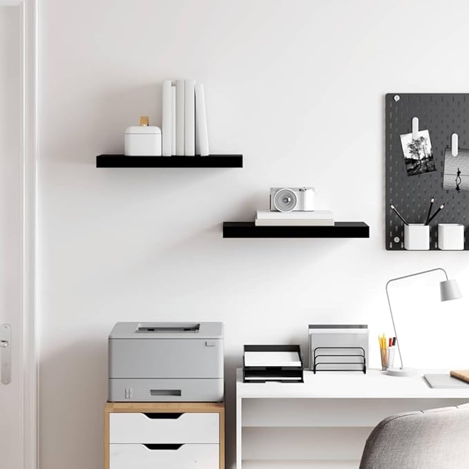 Wall Shelf Set of 2 High Gloss Black Honeycomb MDF Metal Floating Shelves for Modern Storage and Display