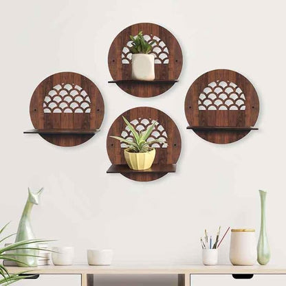 Round Decorative Wall Mounted Floating Shelves, Wooden Scalloped Design, Set of 4, Brown