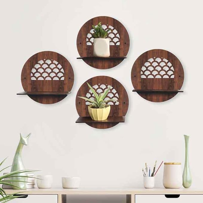 Round Decorative Wall Mounted Floating Shelves, Wooden Scalloped Design, Set of 4, Brown
