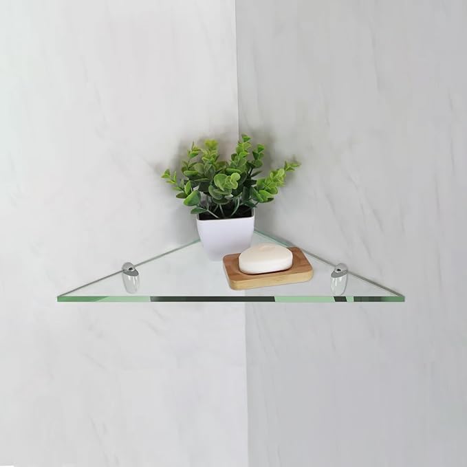 Fab Glass and Mirror Triangular Corner Glass Shelf, 6
