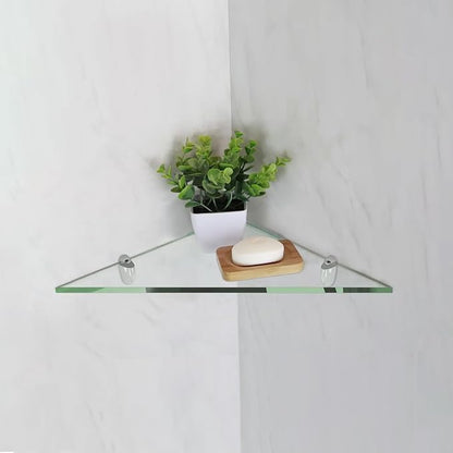 Fab Glass and Mirror Triangular Corner Glass Shelf, 6" X 6" Inches, Clear 3/8 Thick Tempered Glass with Flat Polished Edge-‎Easy Installation with Screws, and Peacock Chrome Finish Brackets